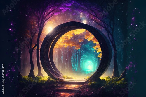 In the middle of the woods, there is a beautiful magical doorway. Colorful Generative AI