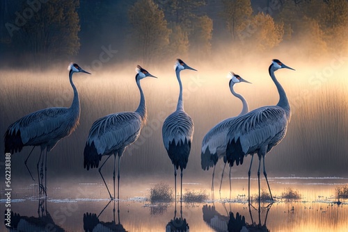 An early morning flock of cranes (Grus Grus). Generative AI © MUNUGet Ewa