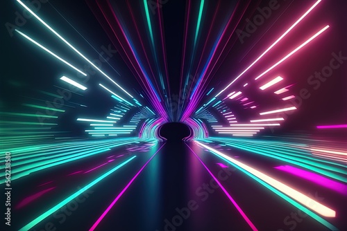Blue, purple, and green striped abstract neon light tunnel. Generative AI
