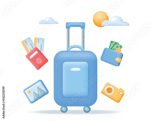3d travel suitcase and equipment. Go to travel concept. Vector illustration icons isolated on the white background.
