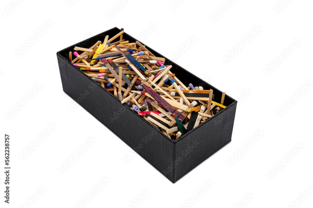 big black cardboard box with matchsticks of various shapes and colors big black cardboard box with matchsticks of various shapes and colors