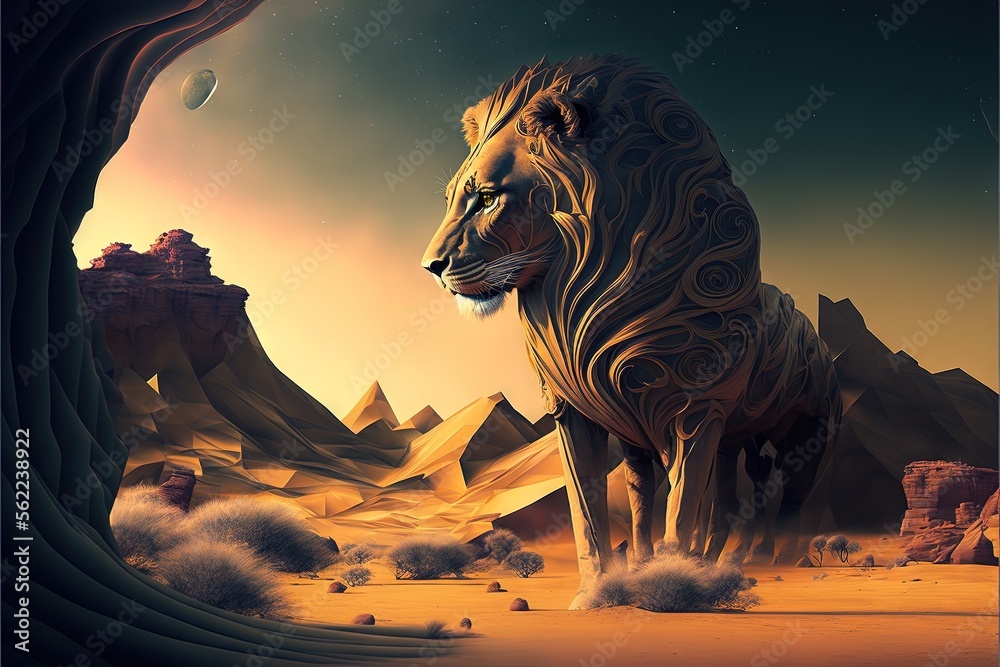 Fototapeta premium a lion standing in a desert with a moon in the background and a mountain range in the distance with a moon in the sky above it and a distant mountain range with a few clouds. generative ai
