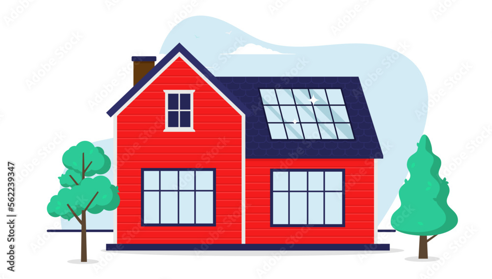 Solar panel on house - Small regular home in red colour with set of solar panels installed on roof. Front view, flat design vector illustration with white background