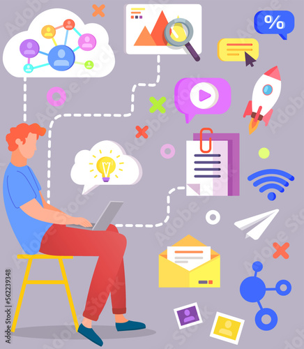 Distance working, freelance and internet surfing. IT manager, designer, developer brainstorming. Working with digital app development concept. Man with laptop and internet, wifi. email icons