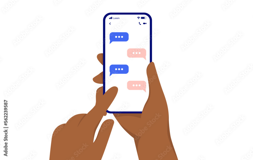 Text messaging - Ethnic hand with dark skin holding mobile phone and texting. Flat design simple vector illustration with white background Text messaging - Ethnic hand with dark skin holding mobile phone and texting. Flat design simple vector illustration with white background