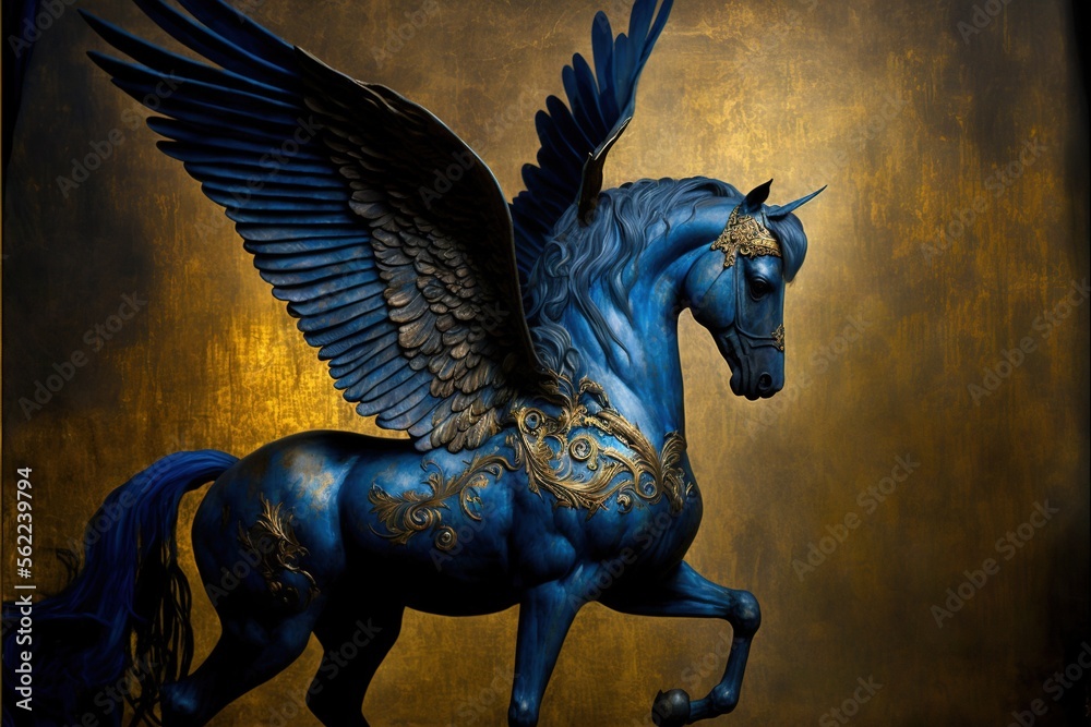 a blue horse with wings on it's back and a gold background behind it