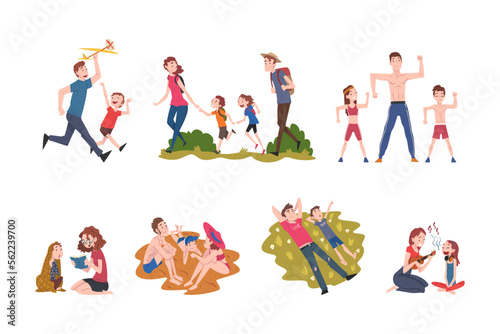 Set of families spending time together. Parents and kids hiking, doing sports, reading book, playing ukulele and singing cartoon vector illustration © topvectors