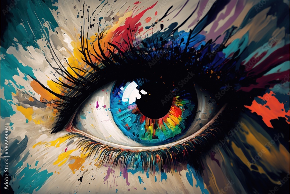a painting of a blue eye with multicolored paint splatters all over it