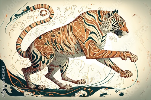  a tiger with a pattern on its body and tail, walking on a branch with a flower in its mouth and a circular design on its body, on a white background with swirls. generative ai