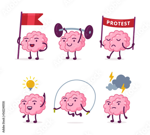 Cute funny brain characters set. Human brain nervous system organ protesting, lifting barbell, jumping with skipping rope cartoon vector illustration