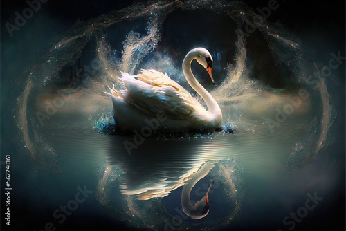 Fototapeta Naklejka Na Ścianę i Meble -   a white swan swimming in the water with its reflection shimmering on the surface of the water, creating a beautiful and serene atmosphere