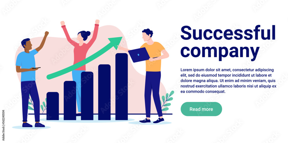 Successful company - Business people cheering while standing with positive chart diagram and green arrow pointing up. Success and financial growth concept, flat design vector illustration