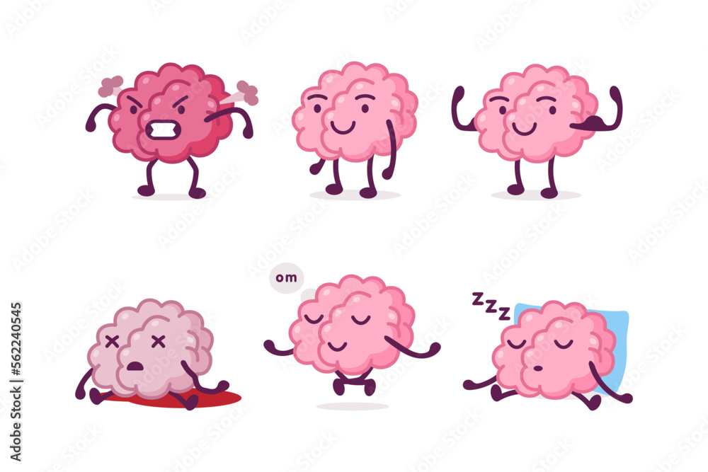 Cute funny brain characters set. Human brain nervous system organ in different situations cartoon vector illustration Cute funny brain characters set. Human brain nervous system organ in different situations cartoon vector illustration