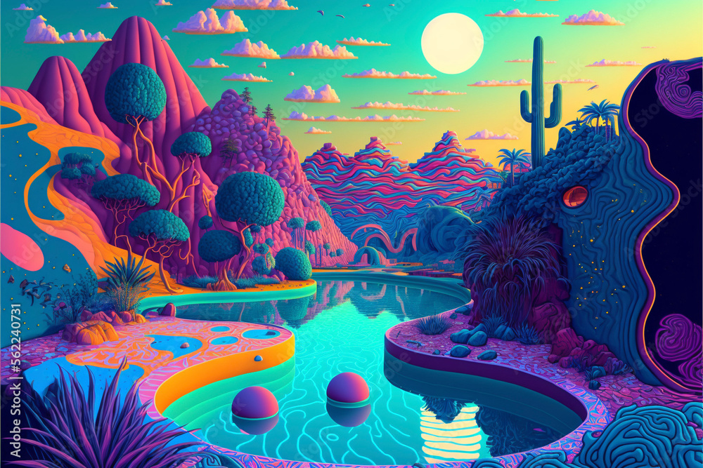 Trippy Swimming Pool in Desert Mountain Landscape, Colorful LSD Psychedelic Acid Generative AI