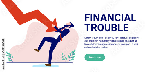 Financial trouble - Businessman falling with red negative arrow pointing down. Recession and economic loss concept, flat design vector illustration with white background and copy space for text