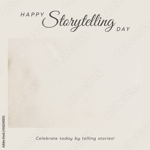 Composition of happy storytelling day text over blurred background with copy space