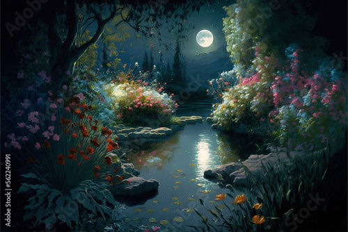 Lush Secret Garden Painting with Full Moon at Night Generative AI © Kelly Cree