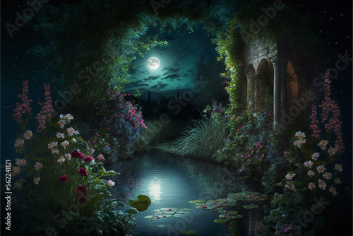 Lush Secret Garden at Night with Full Moon Reflecting in Water Generative AI  © Kelly Cree