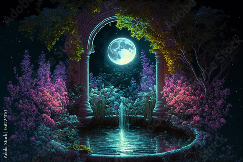 Lush Secret Garden with Fountain, Full Moon and Archway at Night Generative AI 