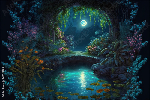 Lush Secret Garden at Night with Full Moon Reflecting in Water Generative AI  © Kelly Cree