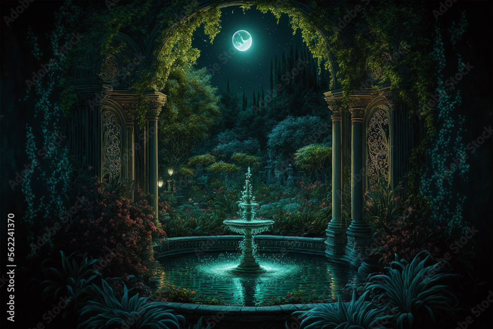 Lush Secret Garden with Fountain, Full Moon at Night Generative AI	