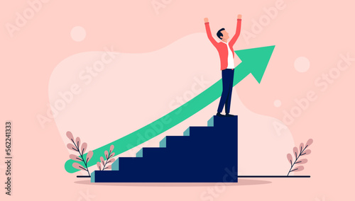 Career climb - Person on top of staircase celebrating reaching the top in business and having success with green arrow pointing up in background. Flat design vector illustration