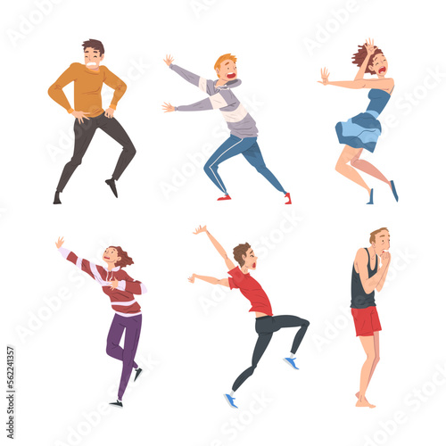 Set of frightened people. Emotional male and female characters in panic cartoon vector illustration
