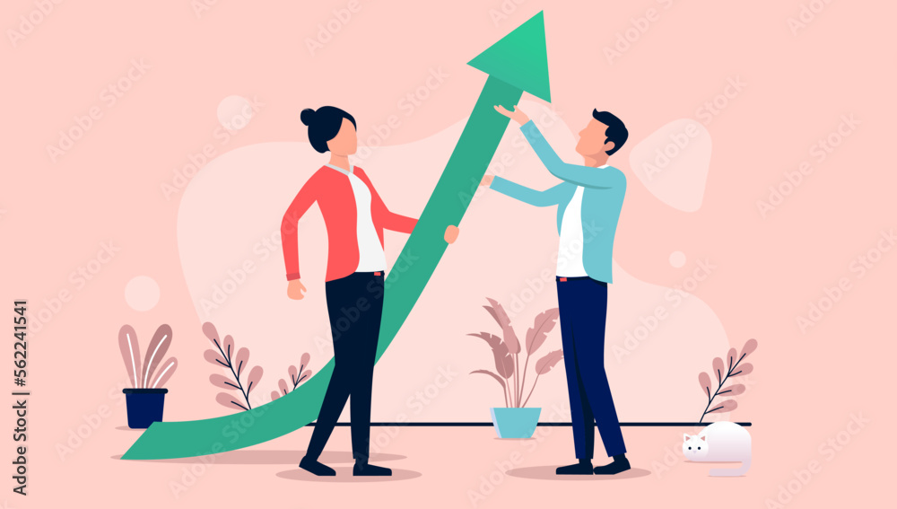 Creating success - Business man and woman lifting green arrow to point upwards. Economic growth and success concept, flat design vector illustration