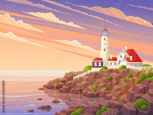 Seacoast with lighthouse and houses. Landscape of nature with sea or river and buildings. Lighthouse on bank, rocky shore. Beautiful scenic landscape, picturesque scenery with view of beacon