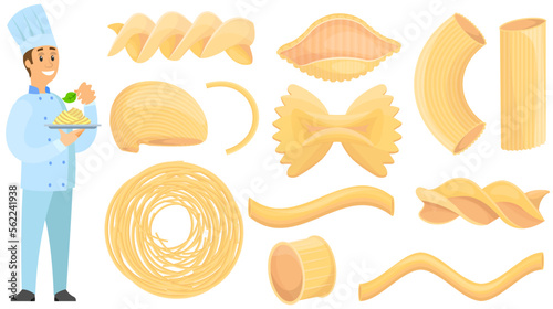 Pasta spaghetti cooking male chef cook. Kitchener prepares pasta, presents on plate. Chef cooking dish of Italian cuisine. Restaurant service, breakfast or dinner meal. Design for restaurant menu