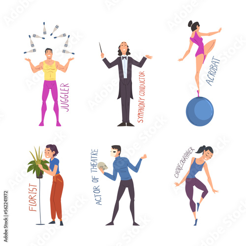 People of creative professions set. Juggler, symphony conductor, acrobat, florist, actor of theatre, choreographer cartoon vector illustration