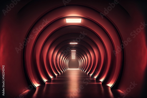 Elegant dark red tech background wallpaper illustration of a futuristic minimal sci fi alien reflecting concrete corridor tunnel void. Generative AI