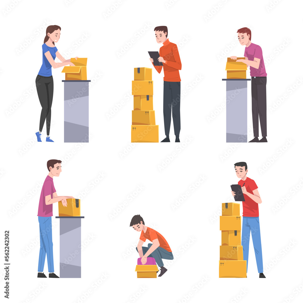 Delivery service or post office workers dealing with orders and cargo set. Men and women packing and carrying boxes cartoon vector illustration
