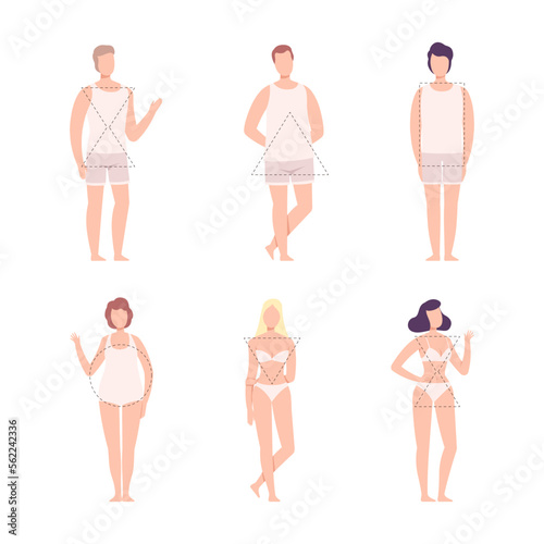 Set of male and female body shape types. Women and men in underwear with triangle, hourglass, rounded, Inverted triangle, rectangle figure type cartoon vector illustration