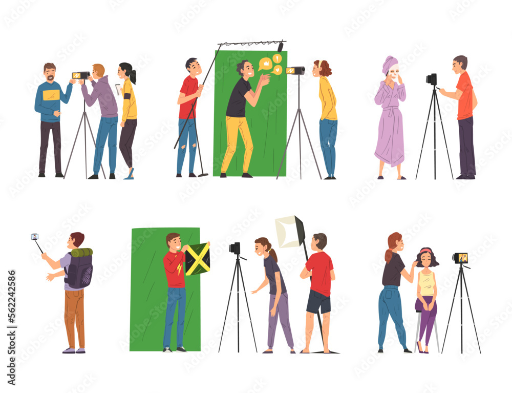 Bloggers or vloggers recording video on camera and smartphone. Live video streamers creating content cartoon vector illustration Bloggers or vloggers recording video on camera and smartphone. Live video streamers creating content cartoon vector illustration