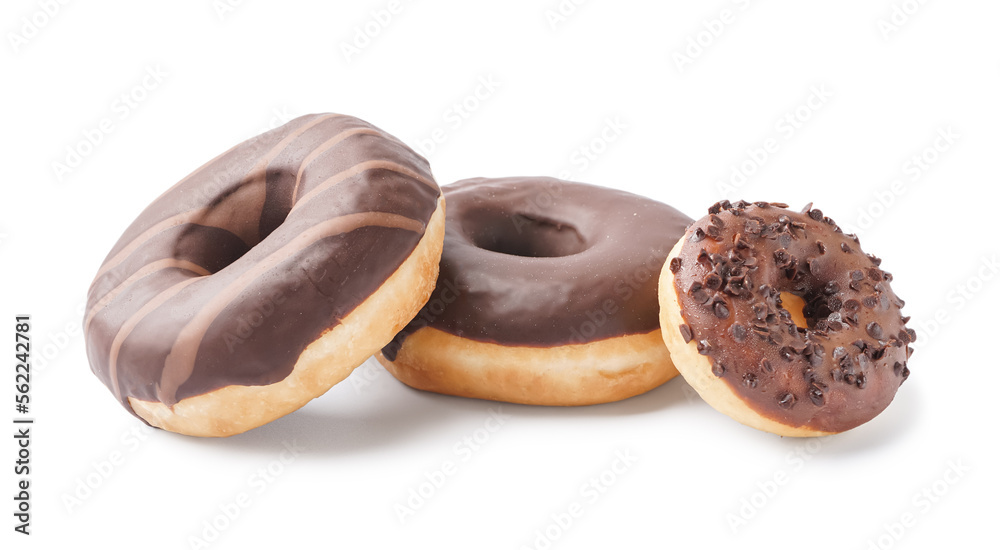 Tasty chocolate donuts isolated on white background Tasty chocolate donuts isolated on white background