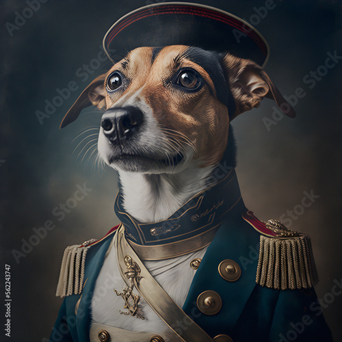 Fototapeta A portrait of a dog wearing historic military uniform