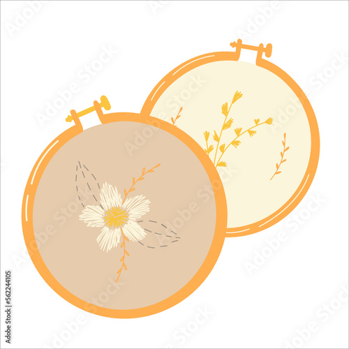 Embroidering hoops with stitched flowers decor on canvas. Vector hand drawn illustration. Handicraft, handmade, embroidery DIY hobby.