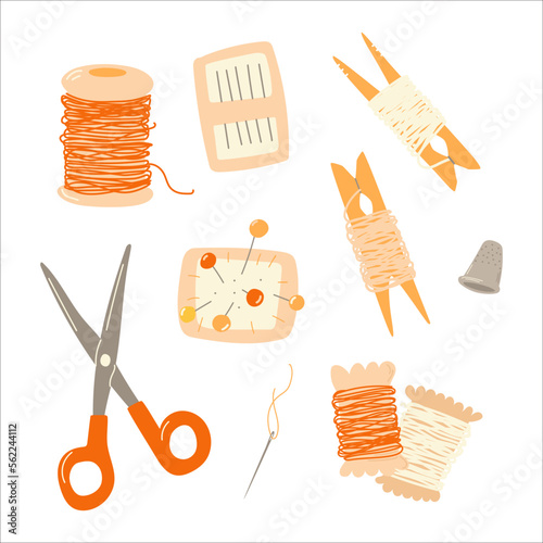 Sewing craft tools and materials. Scissors, threads, needles, thimble, pin cashion. Vector hand drawn set.