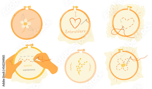 Cross-stitch needlepoint. Embroidery hoops set with various stitched shapes decor on canvas. Vector hand drawn illustration.