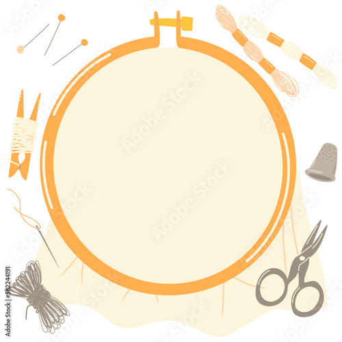 Cross-stitch and needlepoint. Embroidery hoop with empty canva for free space text. DIY items. Vector hand drawn illustration. Handmade accessories set. Free space for text.