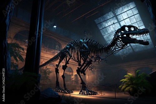 Dinosaur skeleton displayed at a nighttime paleontology museum Generative AI