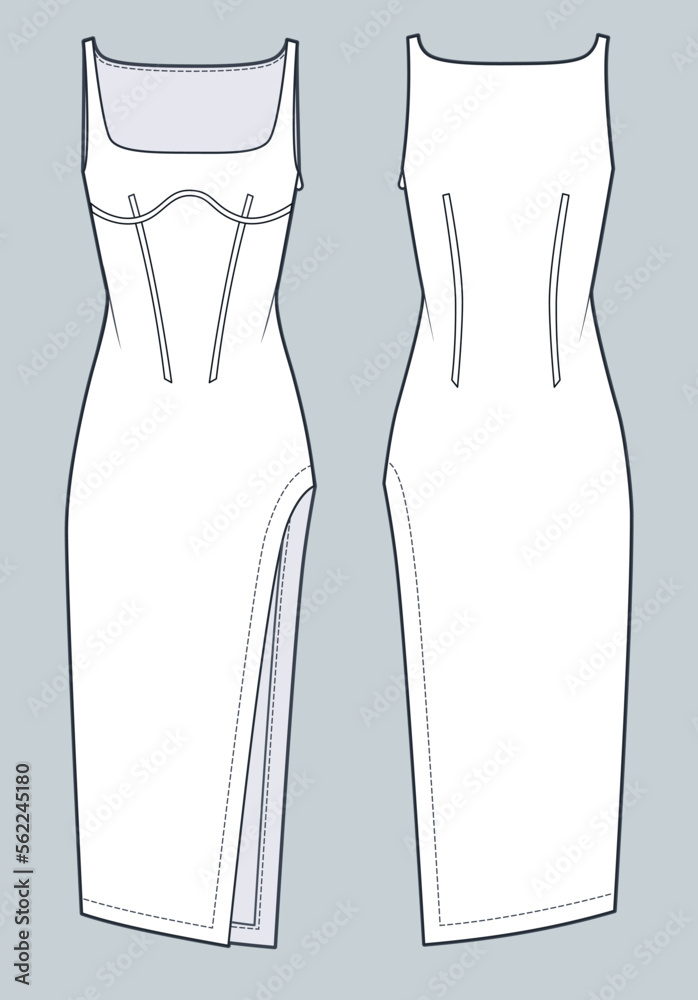 Women Midi Dress fashion flat technical drawing template. Vintage ...