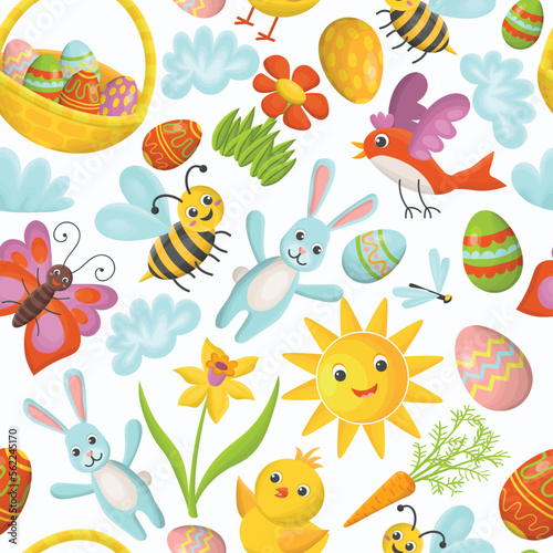 Cute seamless pattern of Happy Easter in kid's cartoon flat style. Ornamental eggs, basket with eggs, blue rabbit, butterfly, bird, Narcissus, flower, sun, chick, bee
