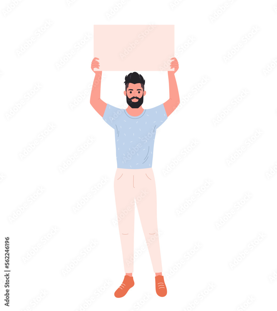 Young man holding clean empty banner or placard. Activism, social movement. Democracy, rally and protest. Vector illustration in flat style Young man holding clean empty banner or placard. Activism, social movement. Democracy, rally and protest. Vector illustration in flat style