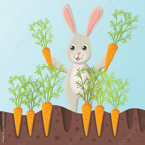 Cute cartoon happy rabbit, bunny  or hare harvesting carrots from the ground. Children flat style. Happy Easter.