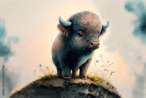 Baby buffalo, watercolor, Generative AI