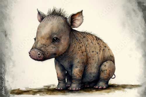 Baby warthog sitting watercolor, Generative AI photo