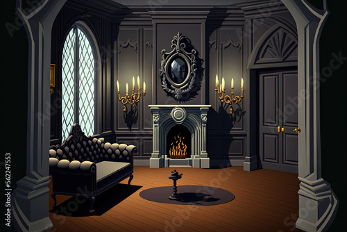 Black room in the castle with a vintage door, a celier, a sofa and amirror and fireplace. Space where you can mount a person. Generative AI photo