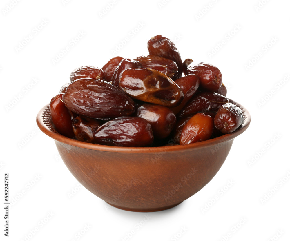 Bowl with dried dates for Ramadan on white background Bowl with dried dates for Ramadan on white background
